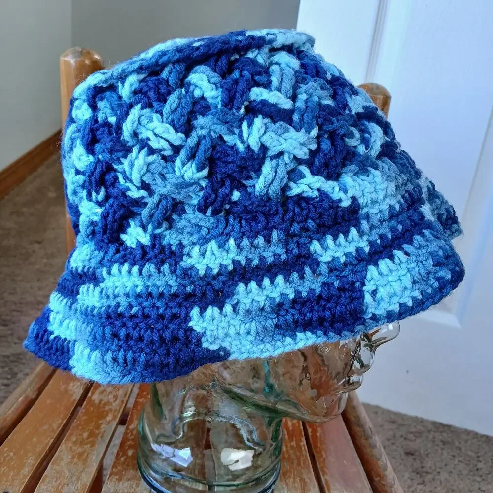 Basket Weave Bucket Hat small crochet shades of blue handmade y2k machine wash